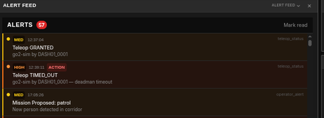 Detail of the alert feed: teleoperation granted, then teleoperation timed out on a deadman timeout, and a notification that a patrol mission has started.