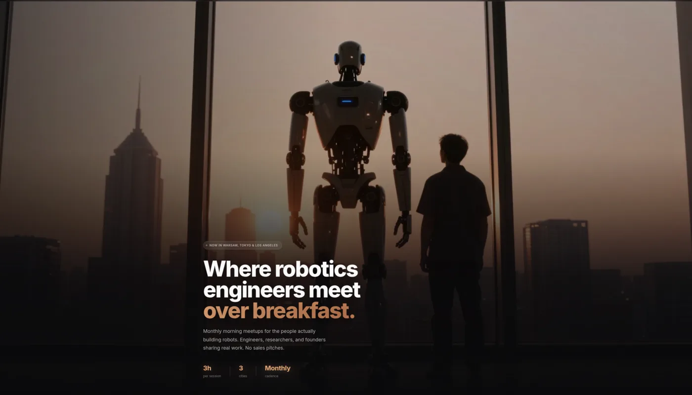 Robotics Breakfast: a person facing a humanoid robot against a city skyline at sunrise, with the line “Where robotics engineers meet over breakfast”.
