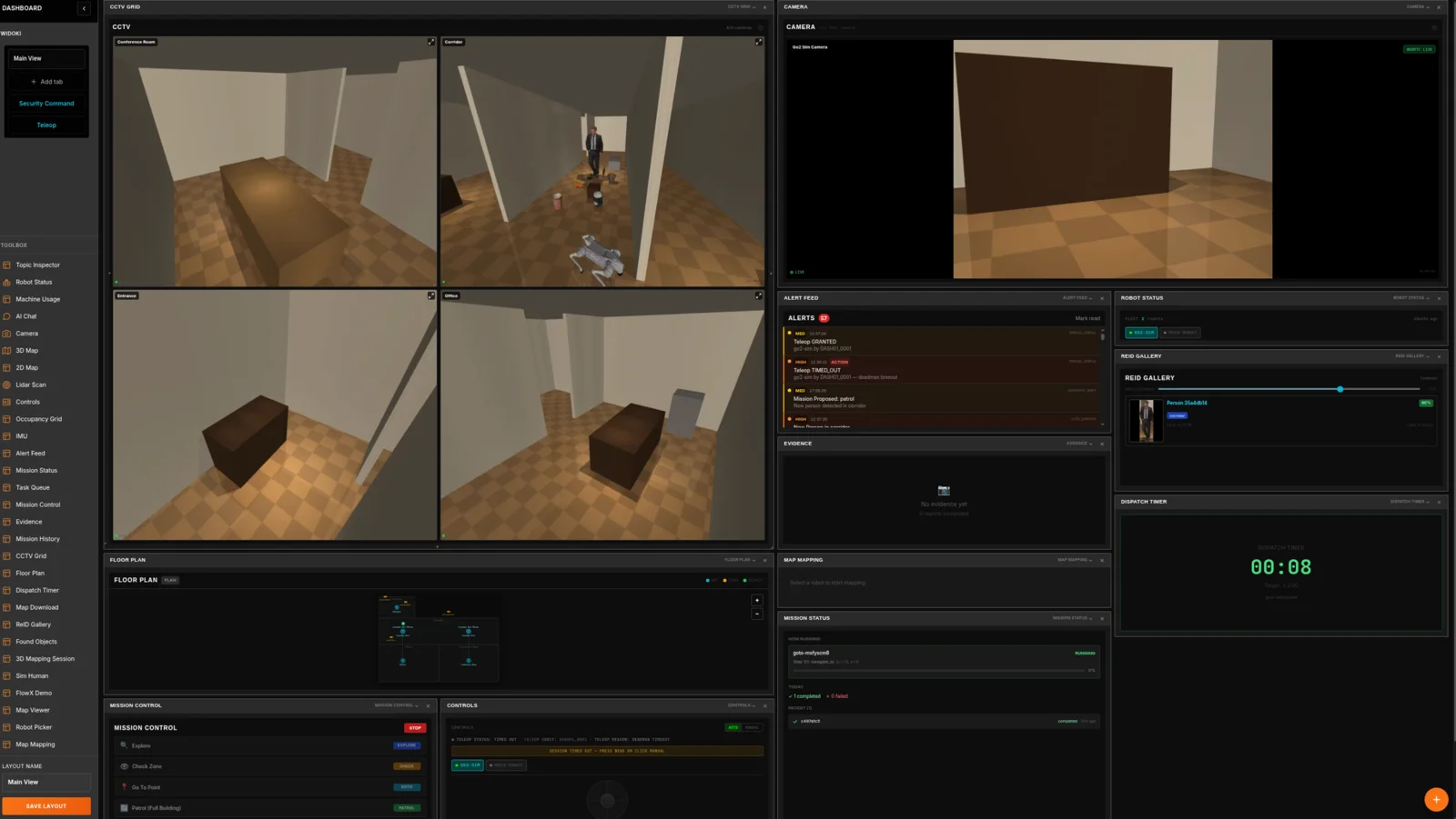 Operator console: a four-camera CCTV grid of a simulated building, a live robot camera, an alert feed, fleet status for two robots, a re-identification gallery, floor plan and mission control.