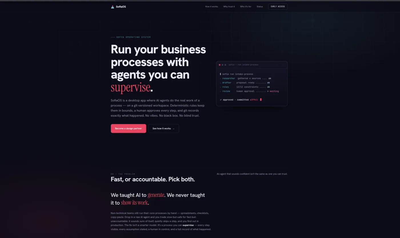 SofiaOS landing page: run your business processes with agents you can supervise.